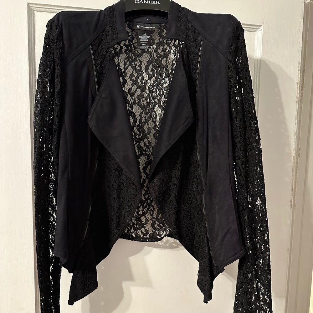 INC, Black, Lace, and synthetic suede, Moto style blazer, jacket.